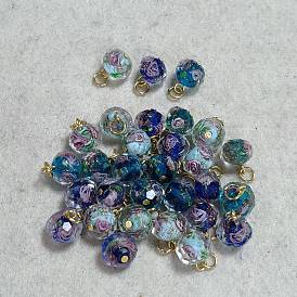 30 piezas 3 estilos colgantes de vidrio soplado hechos a mano con arena dorada y flores interiores, con fornituras de hierro, redondo con dijes de flores, color mezclado