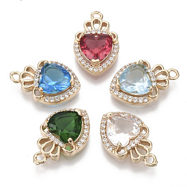 Glass Pendants, with Micro Pave Cubic Zirconia and Brass Open Back Settings, Faceted, Heart with Crown, Light Gold