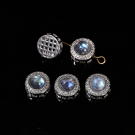 Natural Moonstone Beads, Alloy Flat Round Beads, Platinum