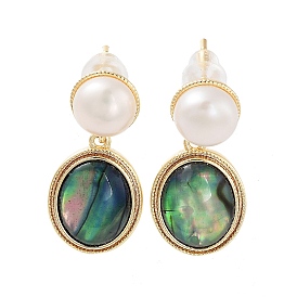 Pearl Ear Studs, with Brass Paua Shell Findings and 925 Sterling Silver Pins, Oval