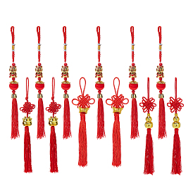 SUPERFINDINGS 12Pcs 4 Styles Polyester Tassel Pendant Decorations, with Plastic Beads, for New Year, Chinese Knot