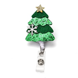Christmas Tree Glitter Powder Felt & ABS Plastic Badge Reel, Retractable Badge Holder, with Iron Alligator Clip, Platinum