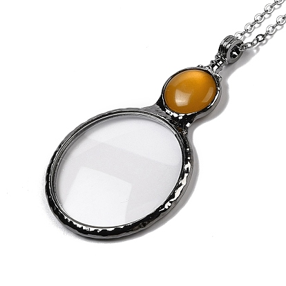Flat Round Glass Magnifying Pendant Necklace for Women, Gunmetal