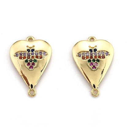 Brass Micro Pave Cubic Zirconia Links, Long-Lasting Plated, Heart with Bee, Real 18K Gold Plated