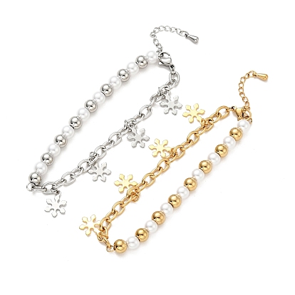 201 Stainless Steel Snowflake Charm Bracelet, Plastic Pearl Beaded Bracelet with 304 Stainless Steel Cable Chains for Women