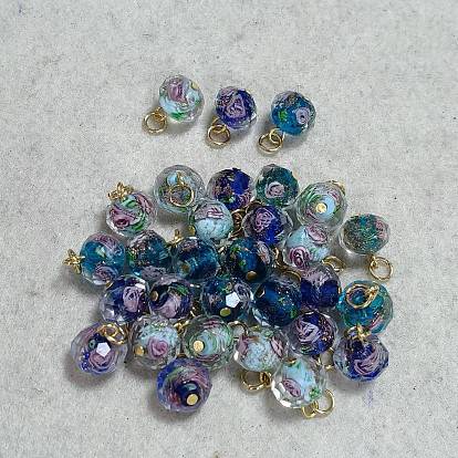 30 piezas 3 estilos colgantes de vidrio soplado hechos a mano con arena dorada y flores interiores, con fornituras de hierro, redondo con dijes de flores, color mezclado