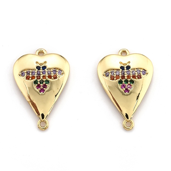 Brass Micro Pave Cubic Zirconia Links, Long-Lasting Plated, Heart with Bee, Real 18K Gold Plated