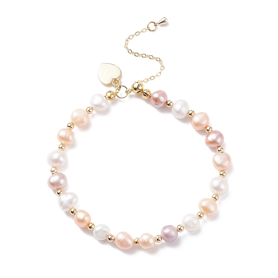 Natural Pearl Beaded Bracelet with Brass Heart Charm for Women