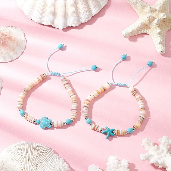 2шт. бусины из натуральных пресноводных ракушек в виде морских звезд и черепах, плетеные браслеты из бусин, с синтетическими бирюзовых бус