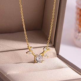 European Style 925 Sterling Silver Pave Clear Cubic Zirconia Deer Antler Pendant Necklaces for Women