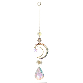 Glass Teardrop Pendant Decorations, Hanging Suncatchers, with Chakra Natural Gemstone & Brass Moon Charm and Hamsa Hand/Hand of Miriam with Evil Eye Link, Sun