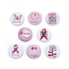 Breast Cancer Awareness Month Tinplate Brooch Pin, Pink Flat Round Badge for Clothing Bags Jackets, Platinum