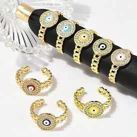 Кольца-манжеты из латуни с микропаве из прозрачного кубического циркония и эмалью для женщин, без кадмия, без никеля и без свинца, плоские круглые с сглаза, реальный 18 k позолоченный