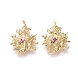 Brass Micro Pave Cubic Zirconia Pendants, Long-Lasting Plated, with Jump Rings, Sacred Heart, Deep Pink