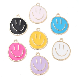 Alloy Enamel Pendants, Cadmium Free & Lead Free, Golden, Flat Round with Smiling Face Charm