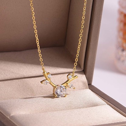 European Style 925 Sterling Silver Pave Clear Cubic Zirconia Deer Antler Pendant Necklaces for Women