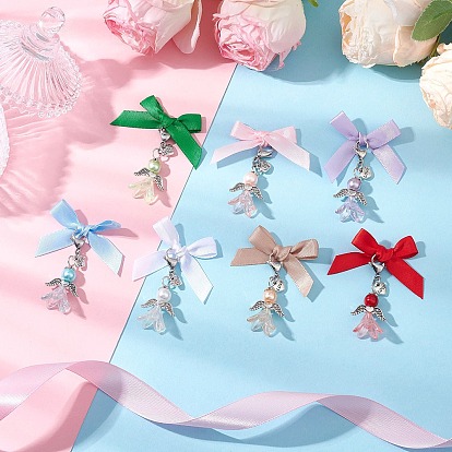 Ангельские стеклянные жемчужные бусины и акриловые подвески, с бантом из ленты и застежками-карабинами из сплава