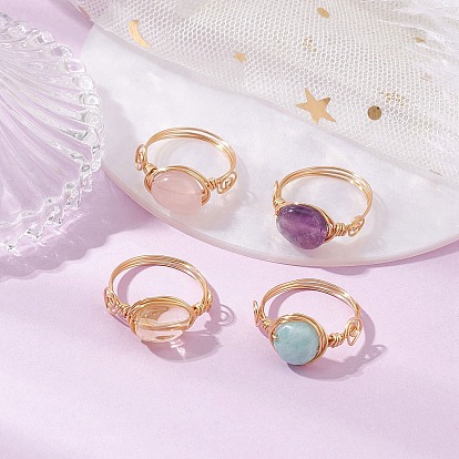 Кольца с овальным натуральным аметистом, амазонитом, розовым кварцем и цитрином, кольца из медной проволоки