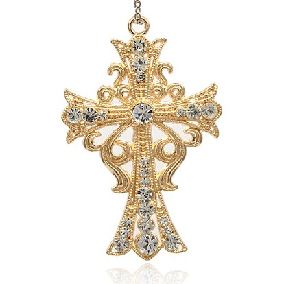 Alloy Rhinestone Cross Big Pendants, Golden, 89x58x7mm, Hole: 4mm