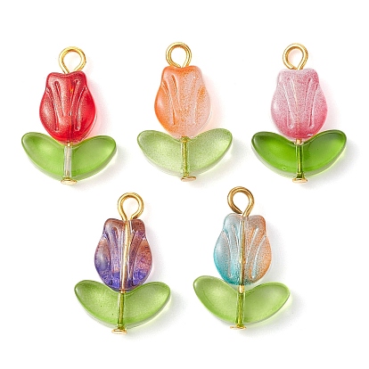Handmade Lampwork Pendants, with Golden Tone Iron Loops, Tulip Charm