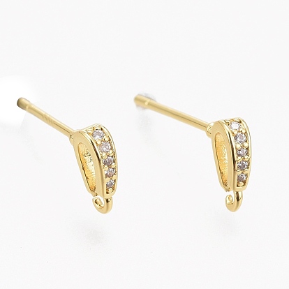 Brass Micro Pave Clear Cubic Zirconia Stud Earring Findings, with Silicone Ear Nuts, with Loop, Long-Lasting Plated, Teardrop