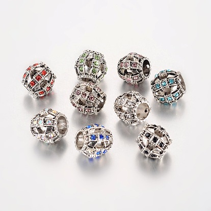Antique Silver Plated Alloy Rhinestone European Beads, Large Hole Barrel Beads, 11x10mm, Hole: 5mm