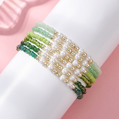 Стеклянные браслеты из бисера, с оболочкой жемчуг, круглые, золотые