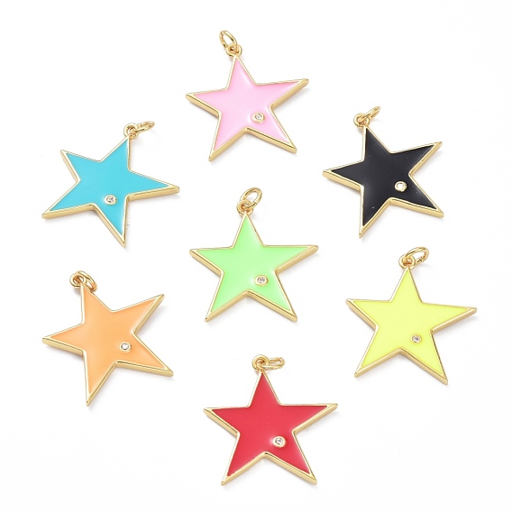 Brass Micro Pave Cubic Zirconia Pendants, Real 18K Gold Plated, Long-Lasting Plated, with Enamel, Star