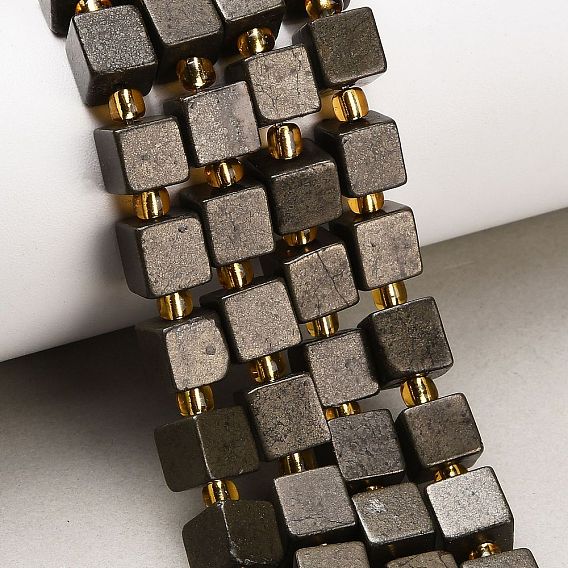 Нити из бусин из натурального золотого пирита/золотого пирита, кубические, с бисером