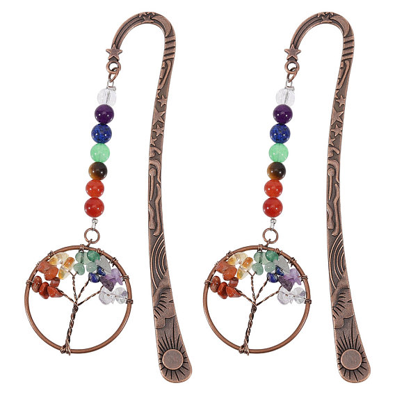 2 1 marcapáginas de aleación estilo tibetano con gancho, Marcapáginas redondo con cuentas de piedras preciosas y dije del árbol de la vida con fragmentos de piedras preciosas naturales y sintéticas