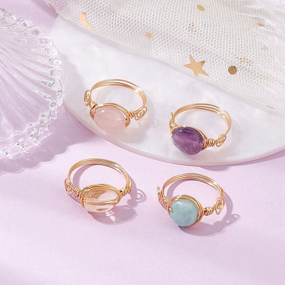 Кольца с овальным натуральным аметистом, амазонитом, розовым кварцем и цитрином, кольца из медной проволоки