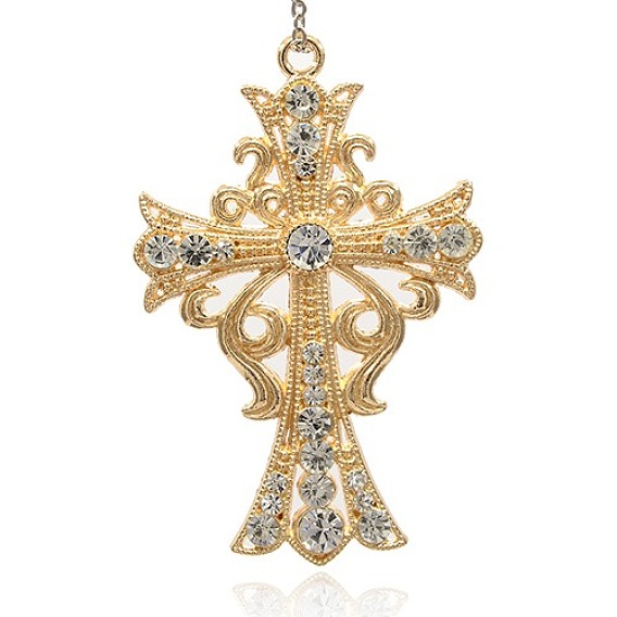 Alliage strass croisées gros pendentifs, or, 89x58x7mm, Trou: 4mm