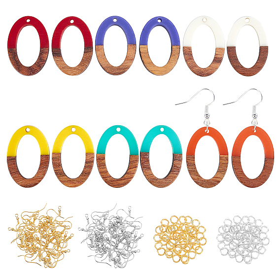 DIY Dangle Oval Earring Making Kits, 1 Box 12Pcs Resin & Walnut Wood Pendants, 60Pcs Iron Earring Hooks, 100Pcs Jump Rings