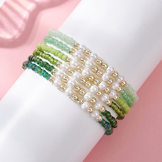 Стеклянные браслеты из бисера, с оболочкой жемчуг, круглые, золотые