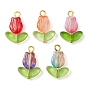Handmade Lampwork Pendants, with Golden Tone Iron Loops, Tulip Charm