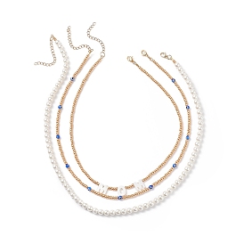 3 pcs 3 ensemble de colliers de perles de style coquillage, graines et lampes mauvais œil, bijoux mot maman pour la fête des mères
