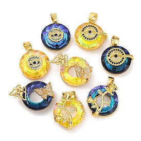 Brass Pendants with Cubic Zirconia and Glass, Electrophoretic Color Preservation, Round Charms