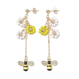 Spring Flower & Bees Alloy Enamel Dangle Stud Earrings, Glass Beaded Tassel Earrings for Women