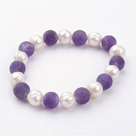 Natural Gemstone Beaded Stretch Bracelets, with Grade A Pearl Beads