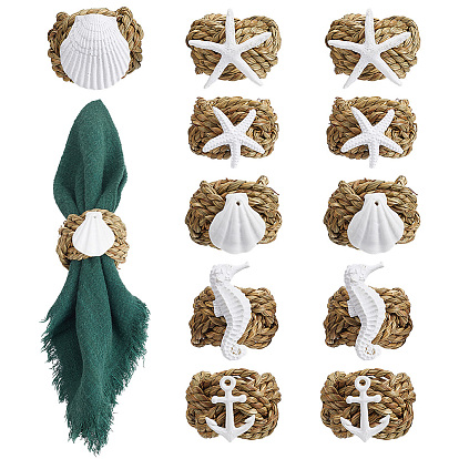 12Pcs 6 Styles Grass Napkin Rings, with Resin Napkin Holder Ornament