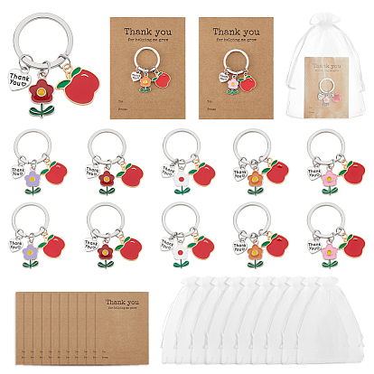 Брелки с эмалированными цветами, яблоками и сердцами, с железными разрезными брелоками, платина, включая подарочные пакеты из органзы, карты дисплея крафт-бумаги, платина