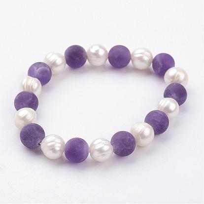 Natural Gemstone Beaded Stretch Bracelets, with Grade A Pearl Beads