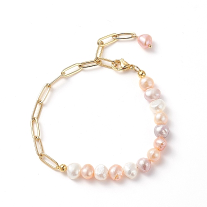2Pcs 2 Color Natural Pearl Beaded Link Bracelets Set with Brass Paperclip Chains for Women