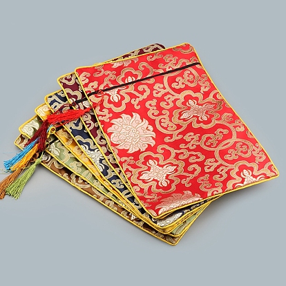 Floral Print Cloth Scriptures Storage Zipper Pouches, with Tassels, Rectangle