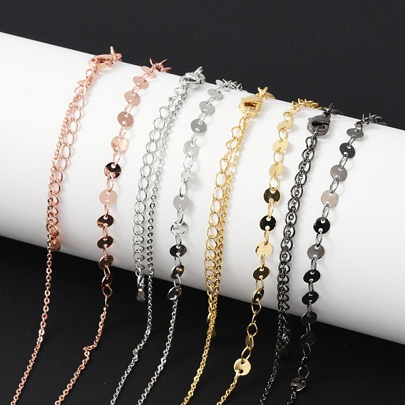 Ожерелья из латунного кабеля и плоских цепочек с пайетками для женщин, 304 из нержавеющей стали застежкой омар, стойки покрытие, без свинца и без кадмия, долговечный