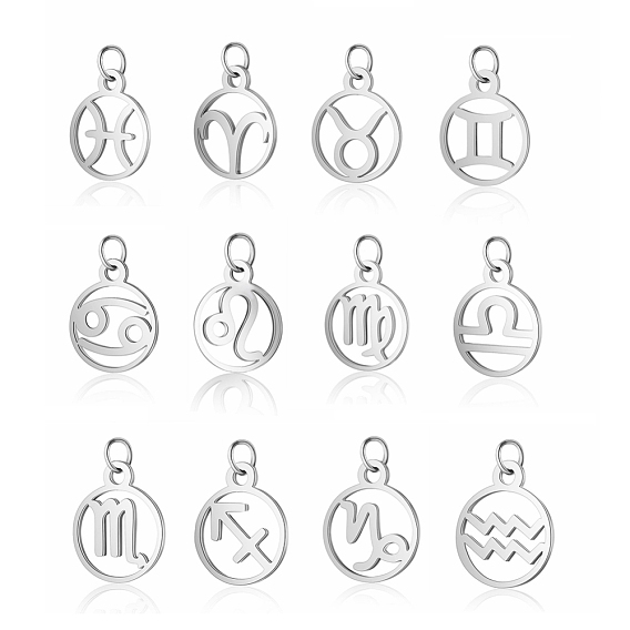 304 Stainless Steel Charms, with Jump Rings, Polished, Flat Round with Constellation