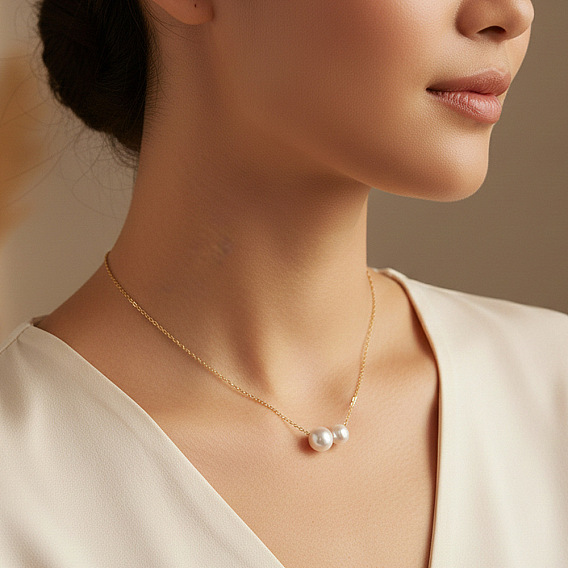 Подвеска с имитацией двойного жемчуга 304 цепочка из нержавеющей стали для женщин, удобная повседневная одежда, белые