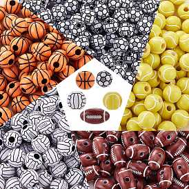 500Pcs 5 Style Craft Style Acrylic Beads, Sports Beads, Volleyball & Basketball & Rugby & Tennis & FootBall