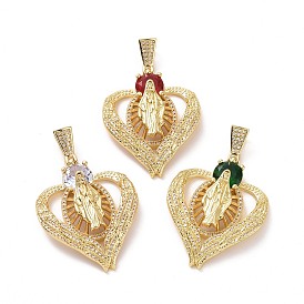 Brass Micro Pave Cubic Zirconia Pendants, Heart with Religion Virgin Mary Charms, Golden