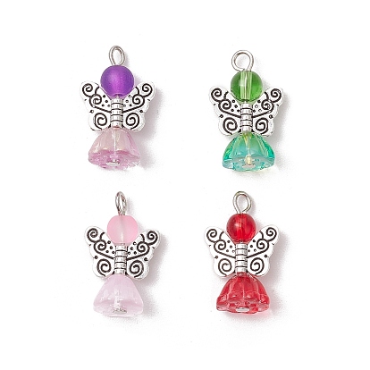 Прозрачные стеклянные подвески, с фурнитурой сплавочной тибетского стиля, ангел и стручок лотоса, античное серебро